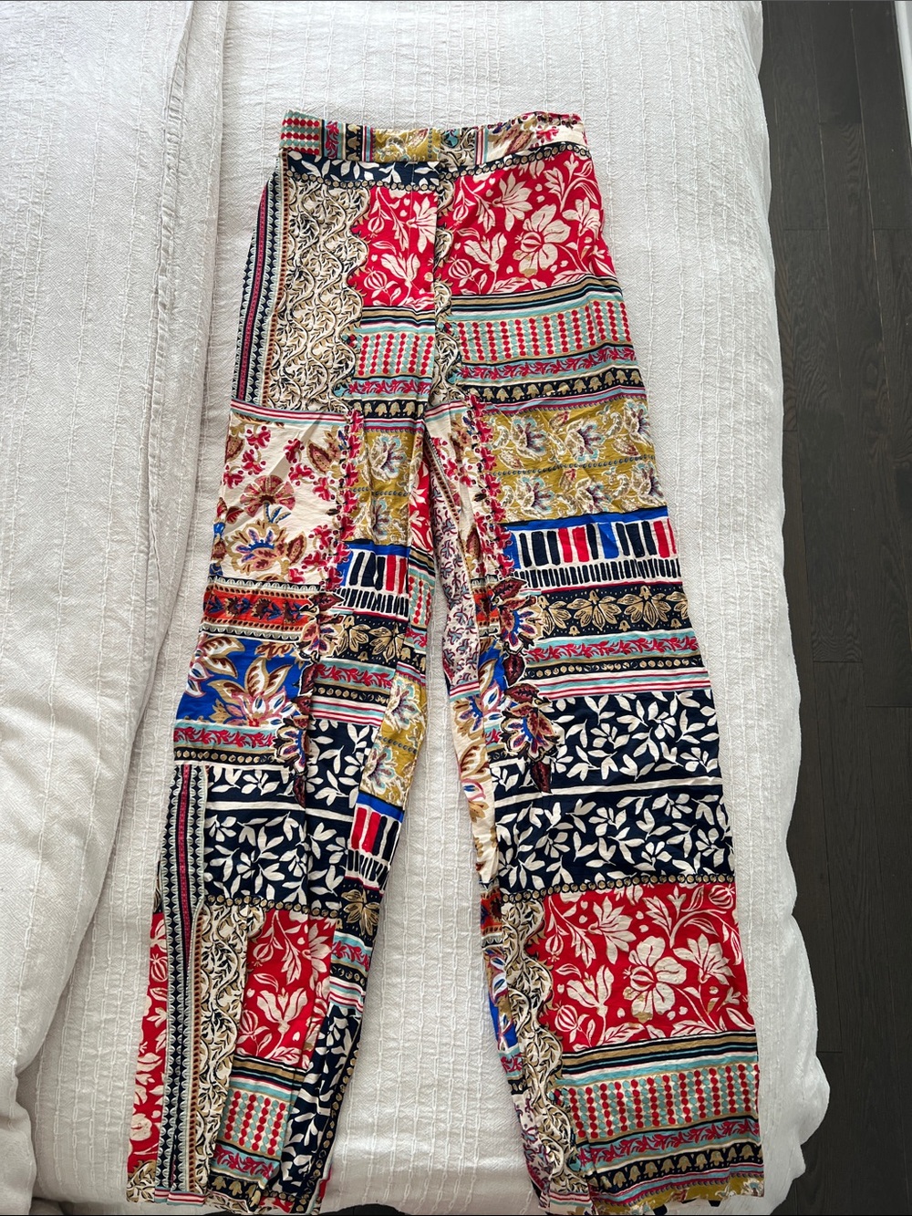 Zara Patchwork Wide-Leg Pants — Red, Navy, Gold, Cream, Blue